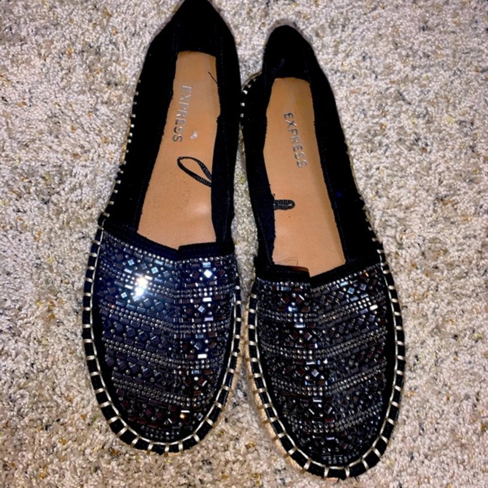 Sparkly slip on flats black fabric twine hippie Bohemian crystal sequins sparkle